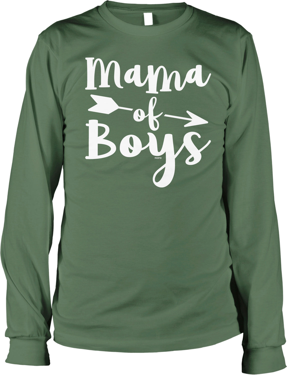 A green long-sleeved t-shirt with the text "Mama of Boys" printed on it.