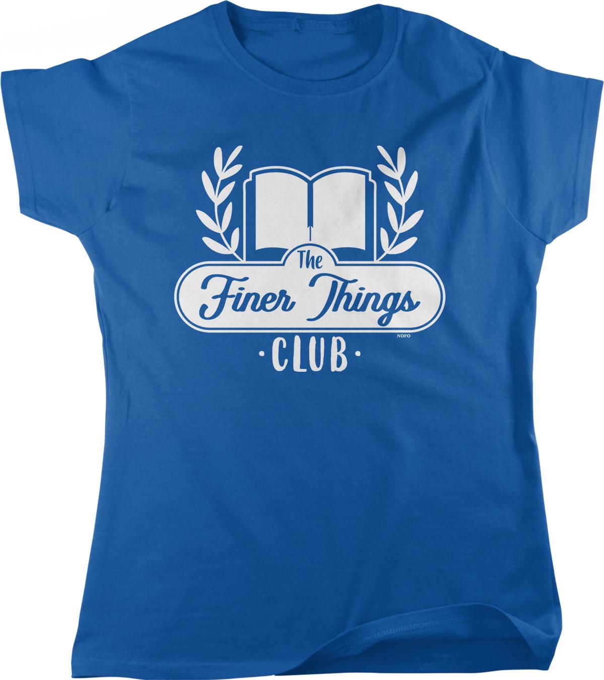 A blue t-shirt with a white graphic design featuring a book and laurel wreath, along with the text "The Finer Things Club" printed on it.