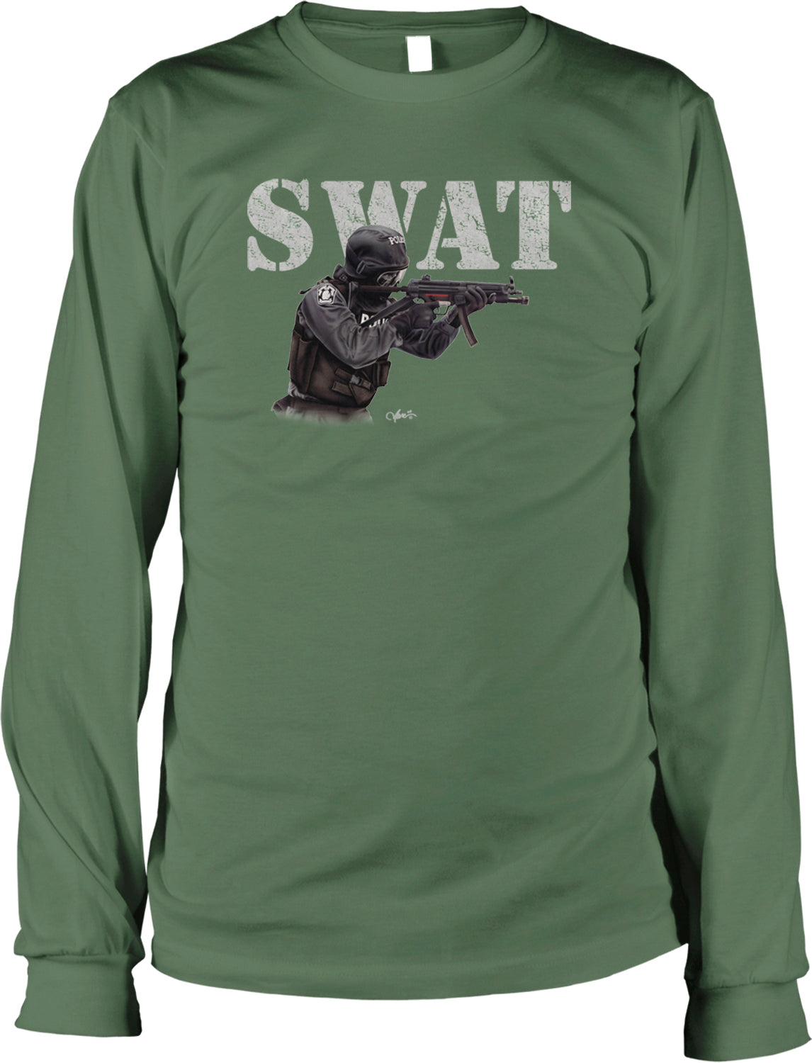 A green long-sleeved t-shirt with a graphic design depicting a person in a tactical stance, holding a weapon, and the word "SWAT" prominently displayed above the image.