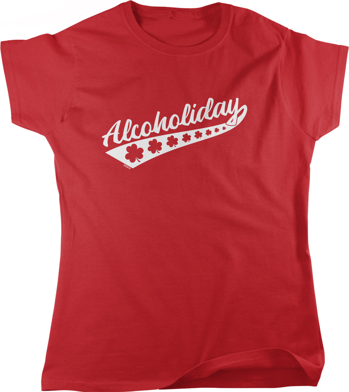 A red t-shirt with the text "Alcoholiday" printed on it.