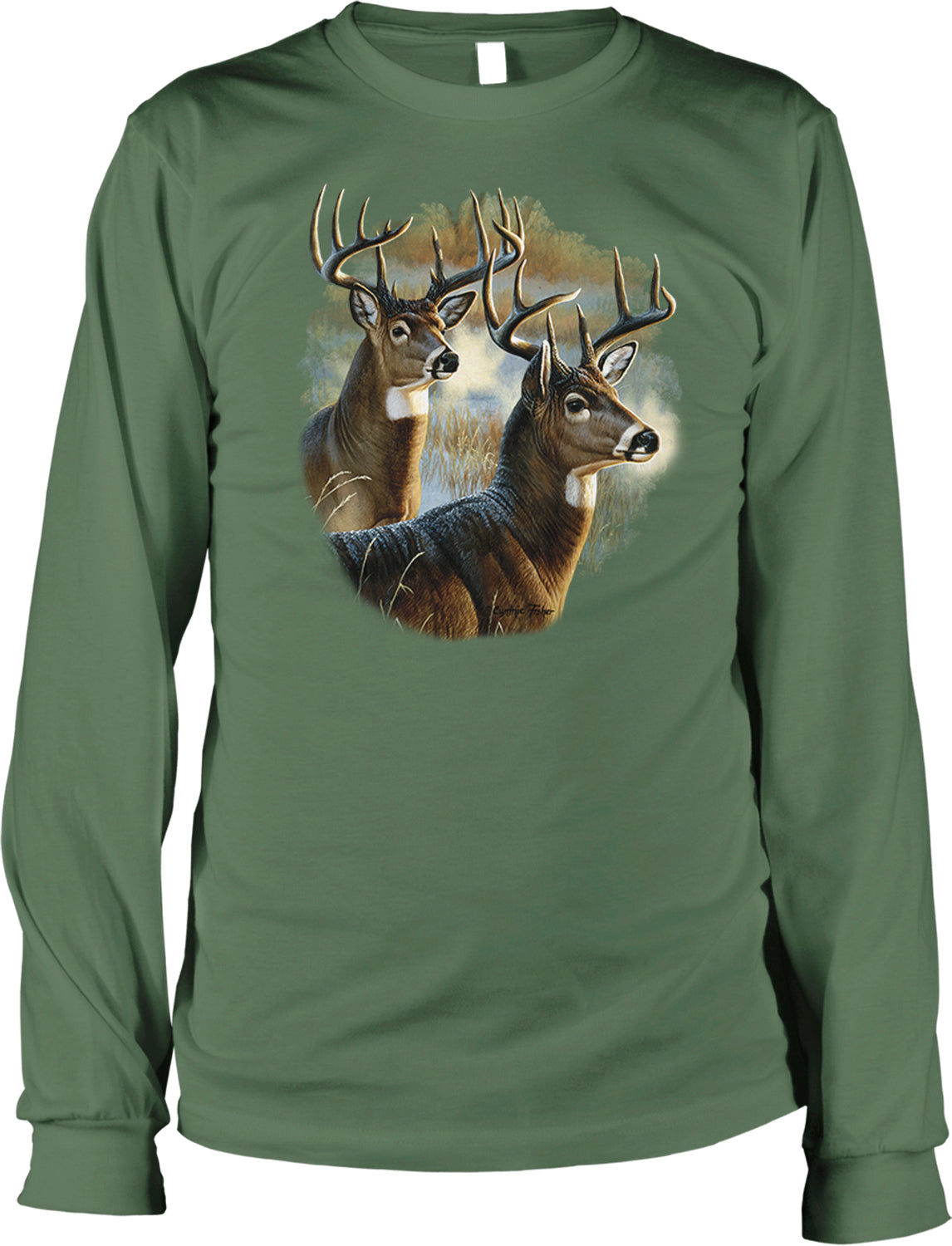 A green long-sleeved t-shirt with a printed image of two deer standing in a natural setting.