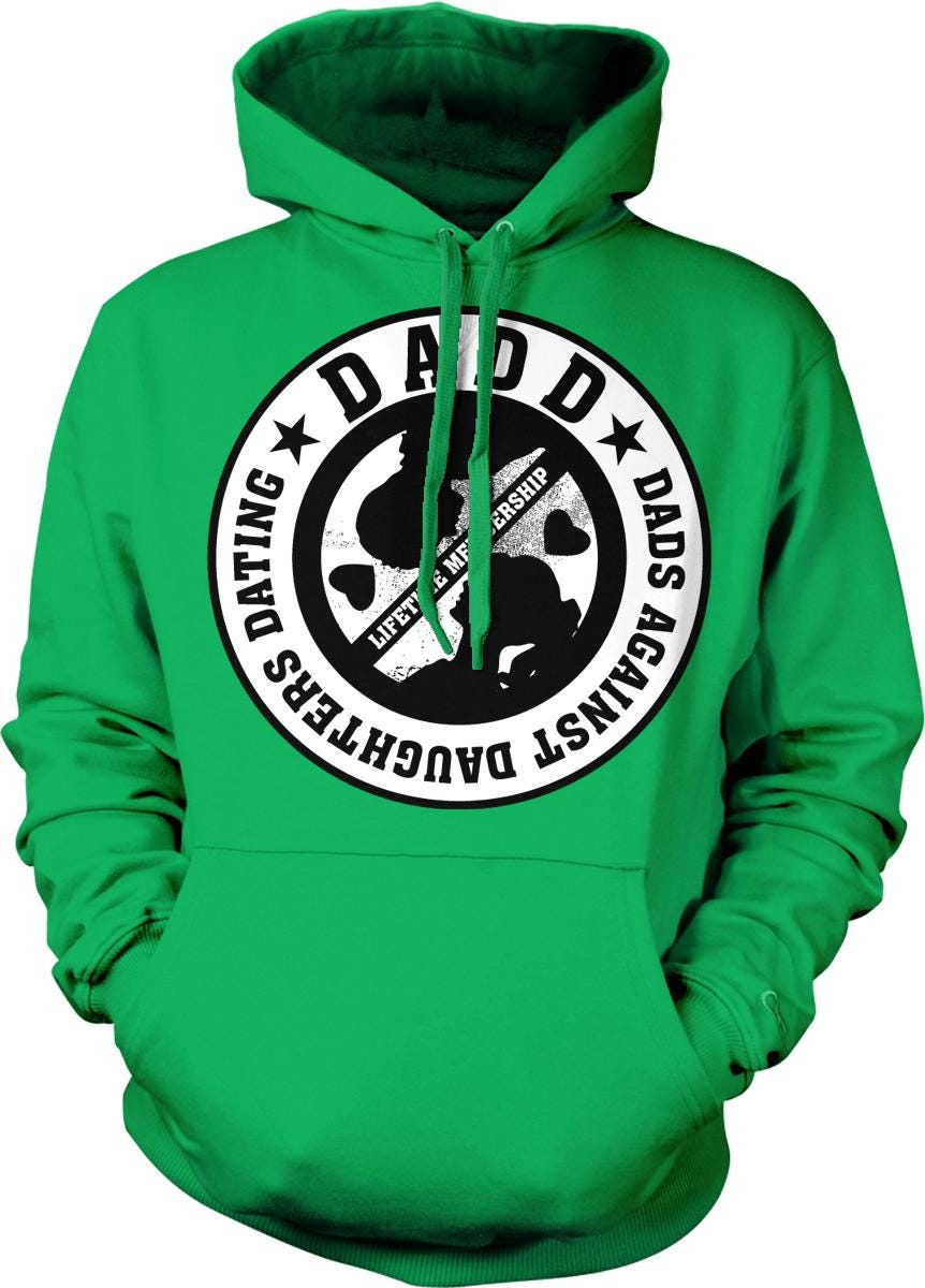 A bright green hoodie with a circular logo that says "DAD" and "DADS" around the edge.