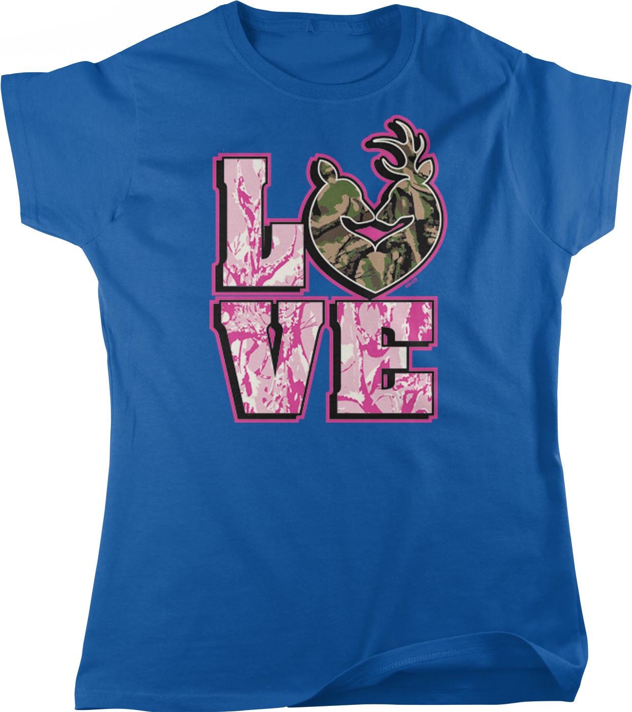 A blue t-shirt with a graphic design featuring the word "LOVE" in pink and green colors, with a camouflage-like shape above the letters.