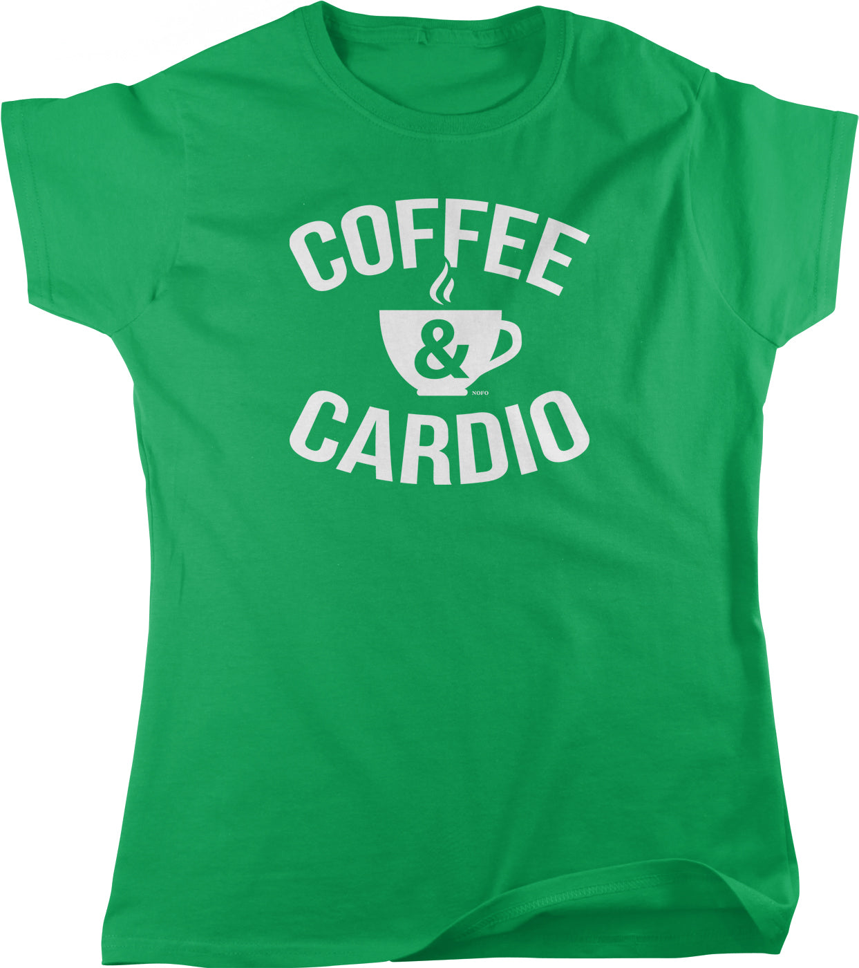 A green t-shirt with the text "COFFEE & CARDIO" printed on it.
