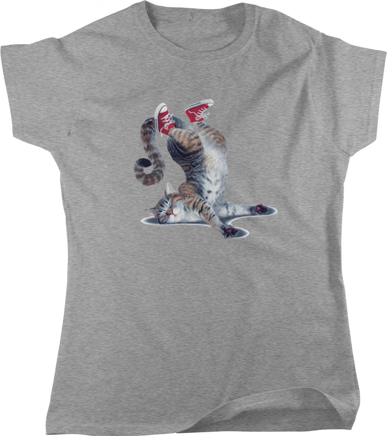 Cool Cat T-Shirt - Women's Cotton Tee with Playful Cat Design & Sneakers Art