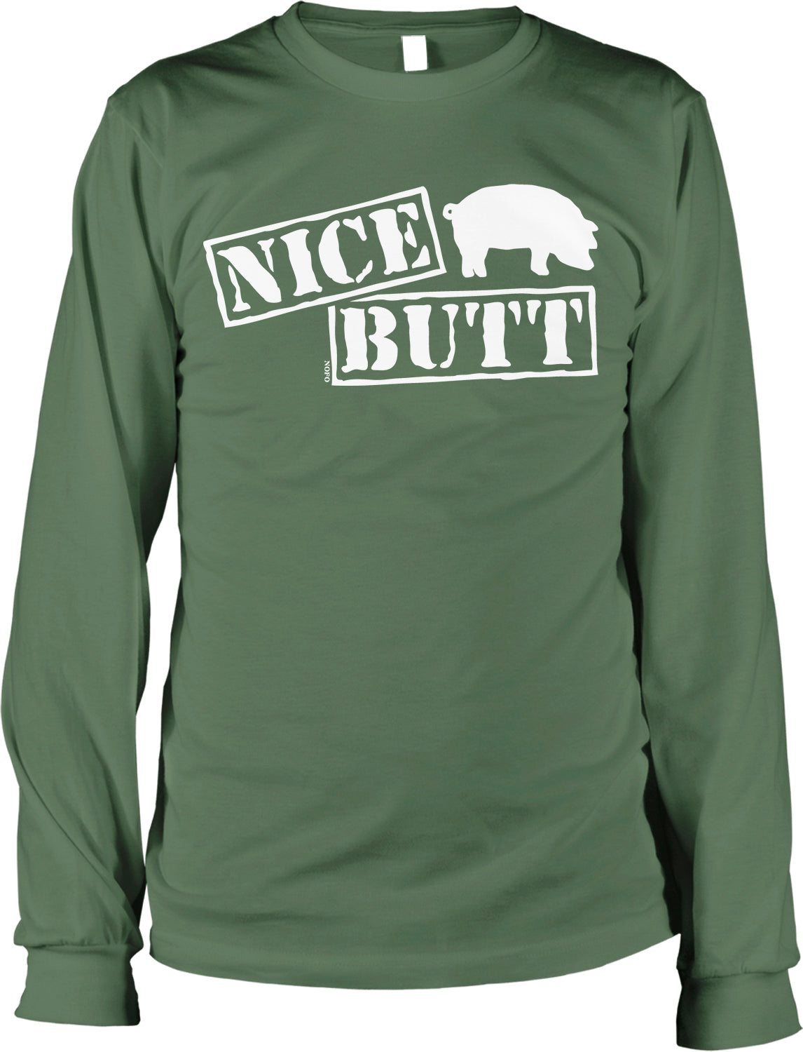 A green long-sleeved t-shirt with a white graphic design that says "NICE BUT" above a graphic of a pig.
