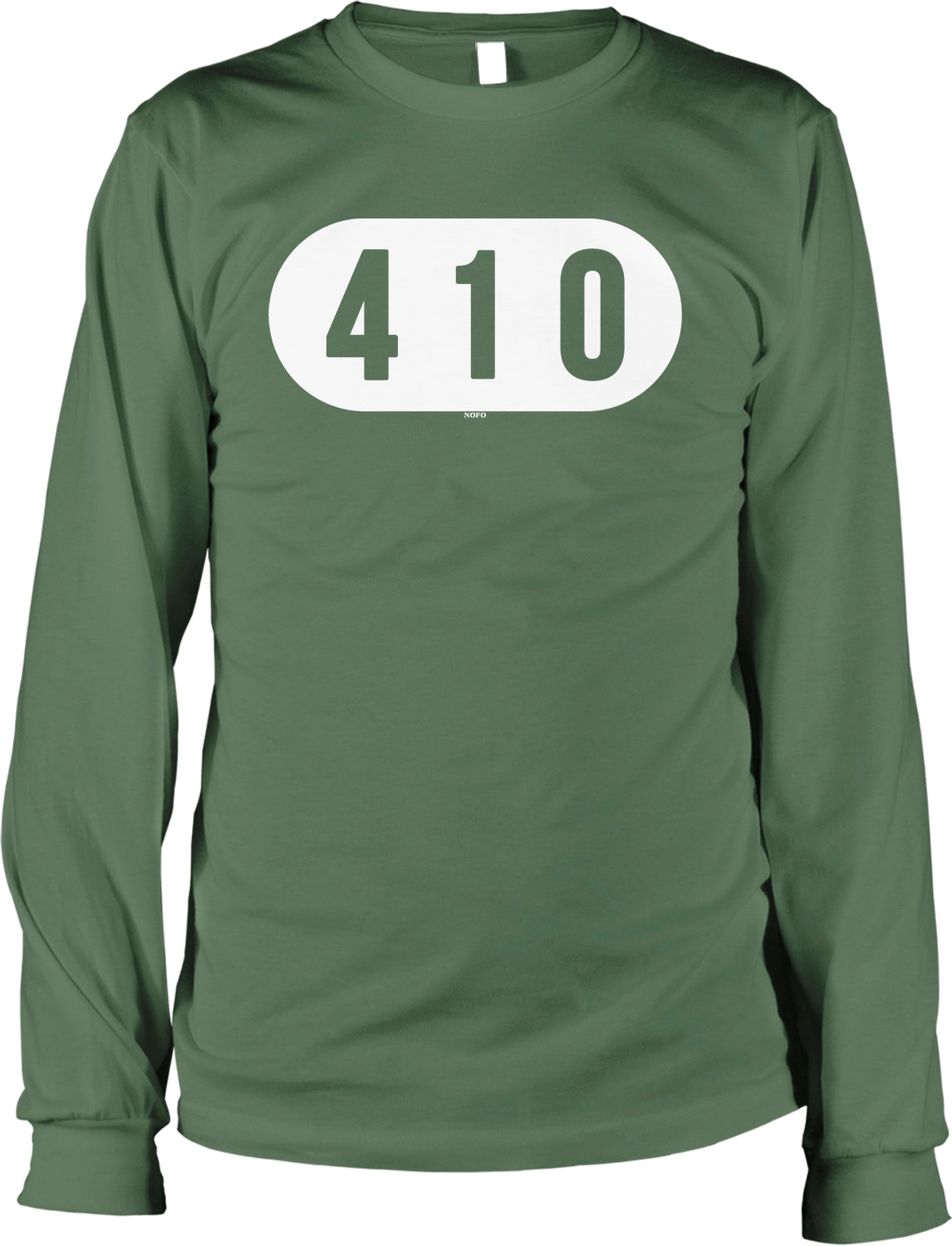 A green long-sleeved shirt with the number "410" printed on it.