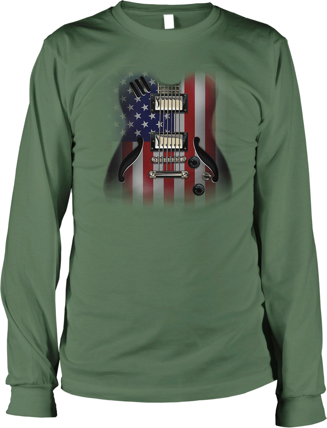 A long-sleeved green t-shirt with an image of an electric guitar and an American flag printed on it.