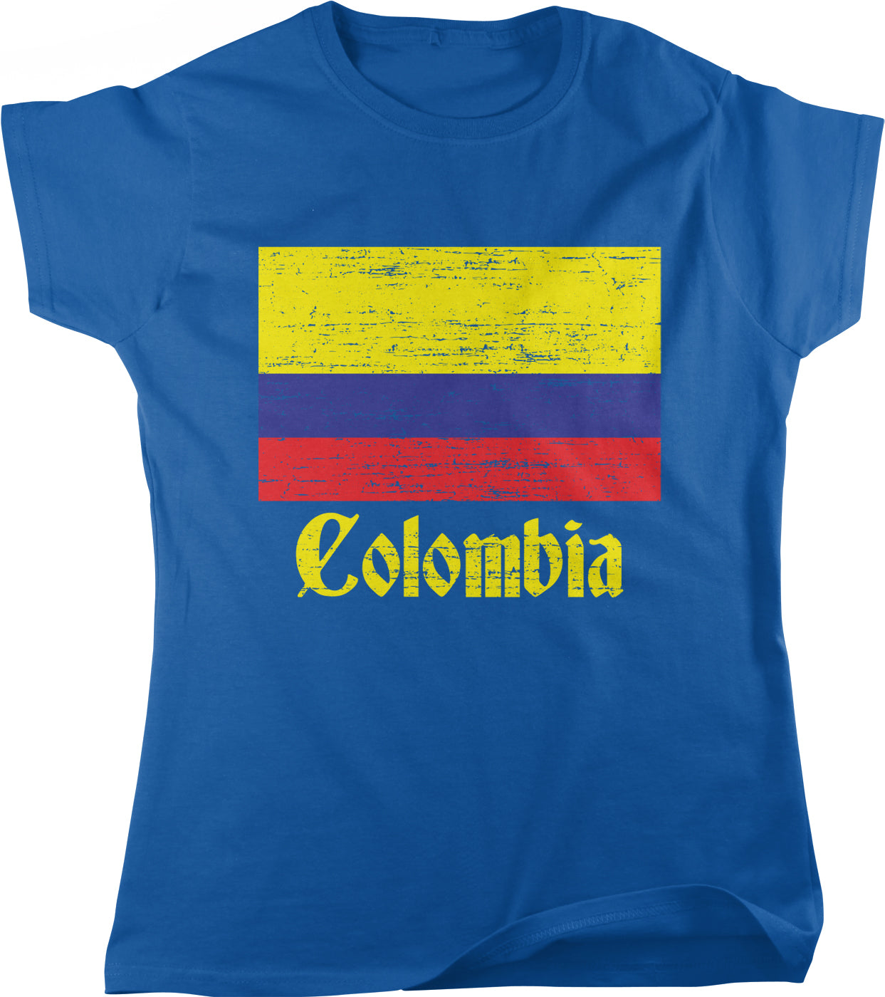 A blue t-shirt with a graphic design featuring the text "Colombia" and a flag pattern.
