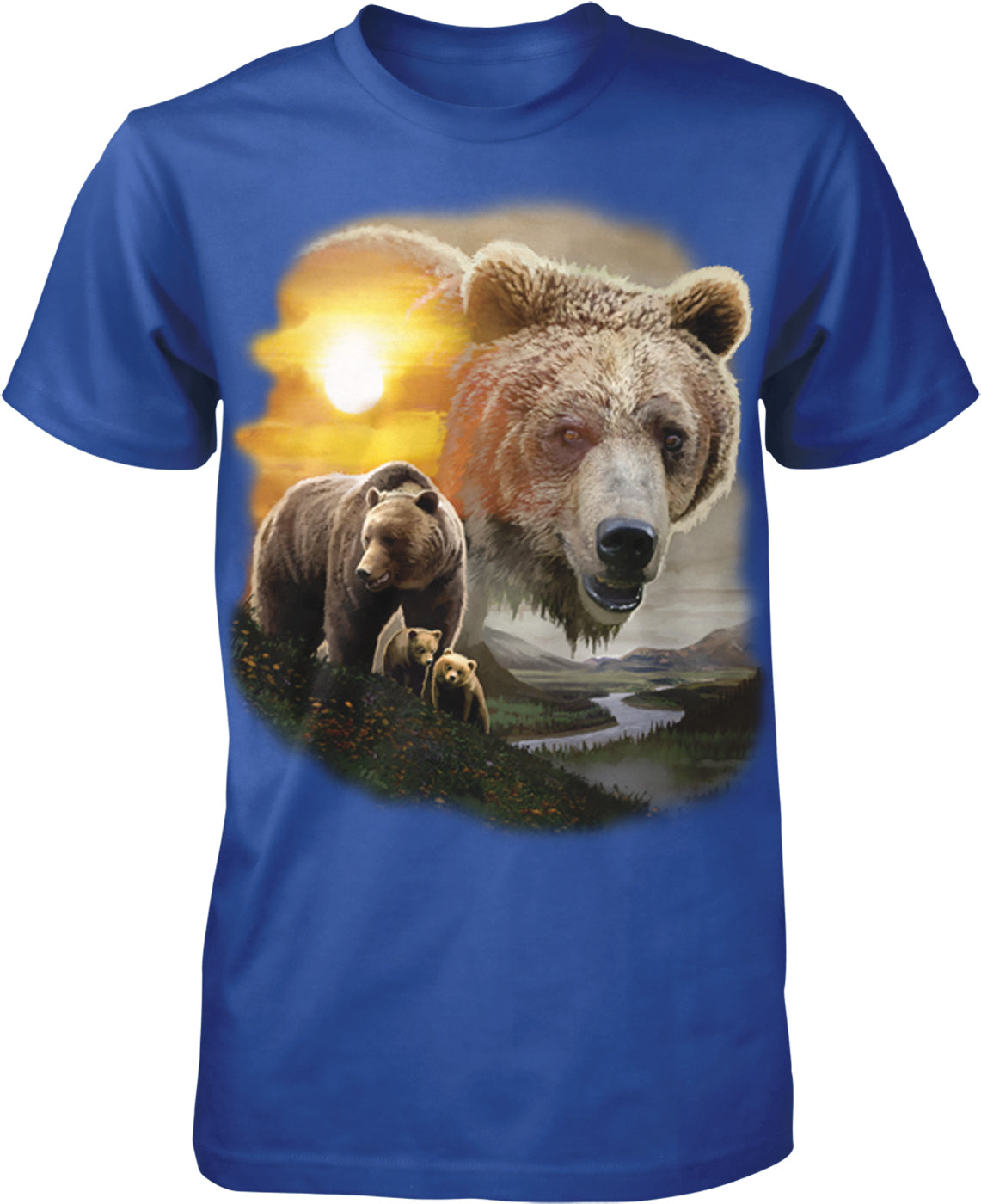 A t-shirt design featuring a large brown bear in the foreground and a smaller bear in the background, set against a scenic landscape with a river and mountains in the background.