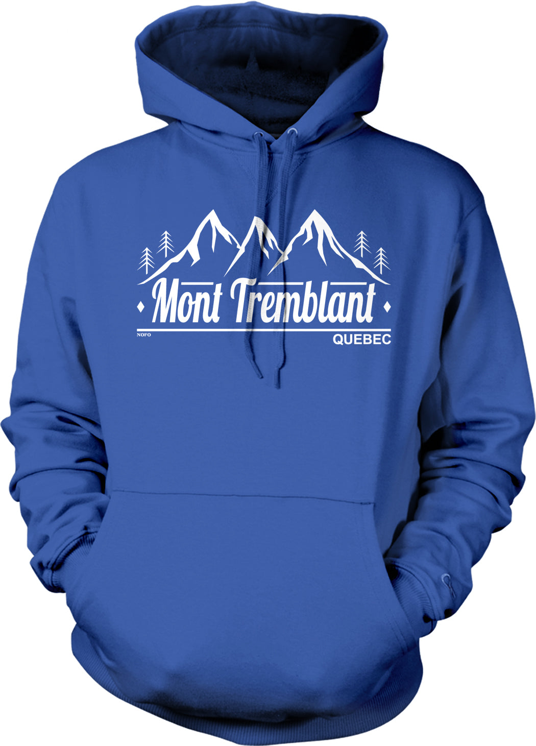 A blue hoodie with a graphic design featuring mountains and the text "Mont Tremblant" and "Quebec" printed on it.