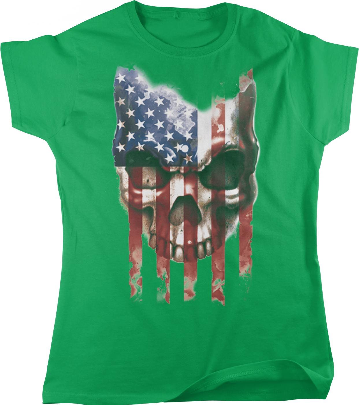 A green t-shirt with a graphic design depicting a skull wearing an American flag.