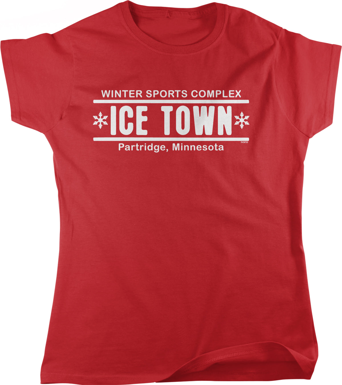 A red t-shirt with white text that says "WINTER SPORTS COMPLEX ICE TOWN" and "Partridge, Minnesota".