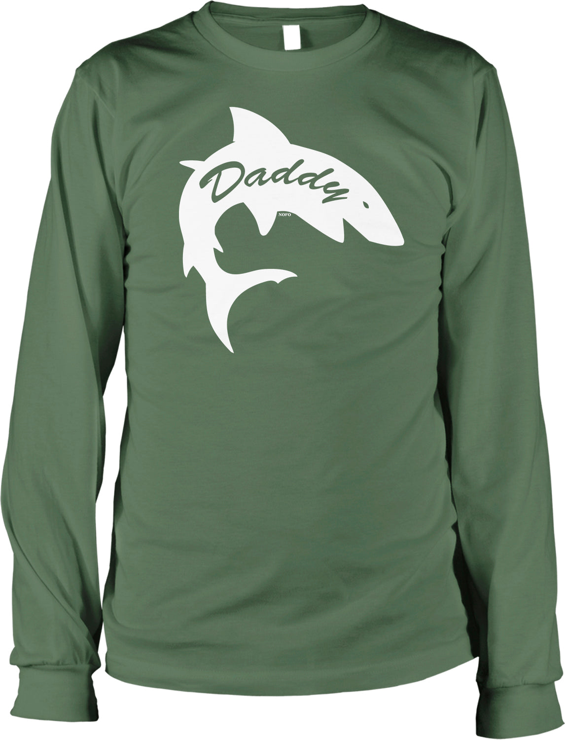 A green long-sleeved t-shirt with a white graphic of a shark and the word "Daddy" printed on it.