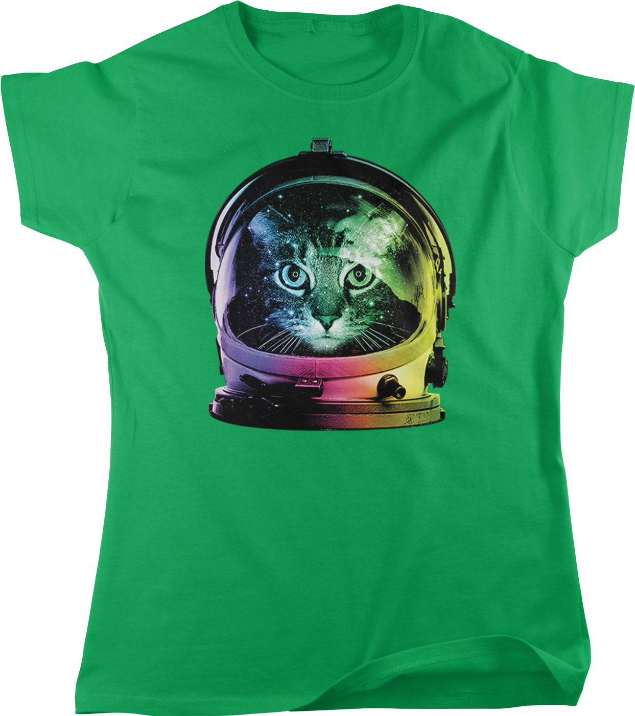 A green t-shirt with a graphic design of a cat wearing a space helmet, with a cosmic background.