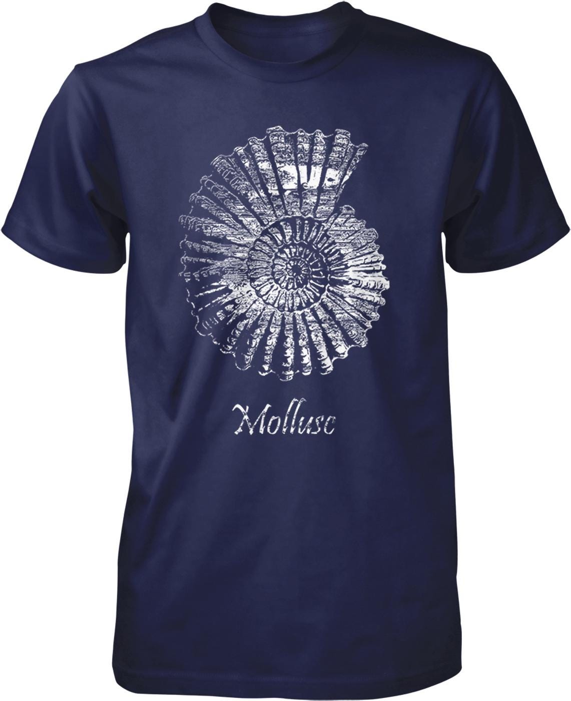 A navy blue t-shirt with a white graphic design depicting a spiral shell or mollusk.