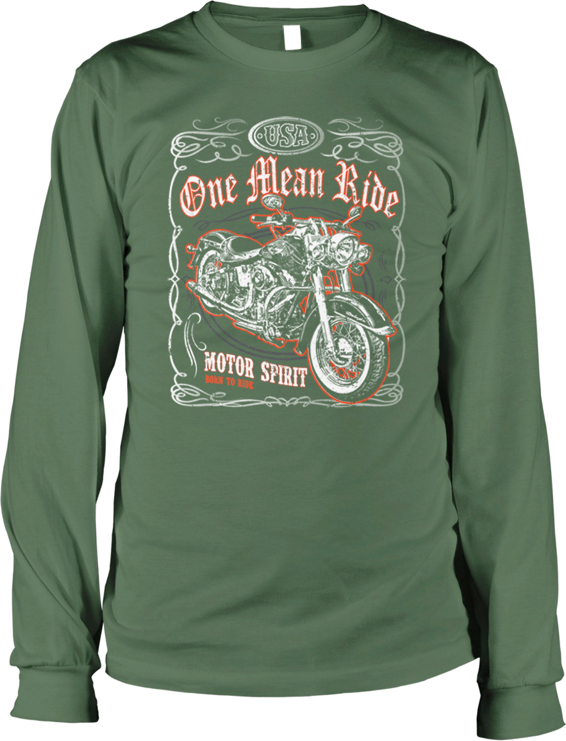 A green long-sleeved t-shirt with a graphic design featuring a motorcycle and the text "One Mean Ride" and "Motor Spirit".