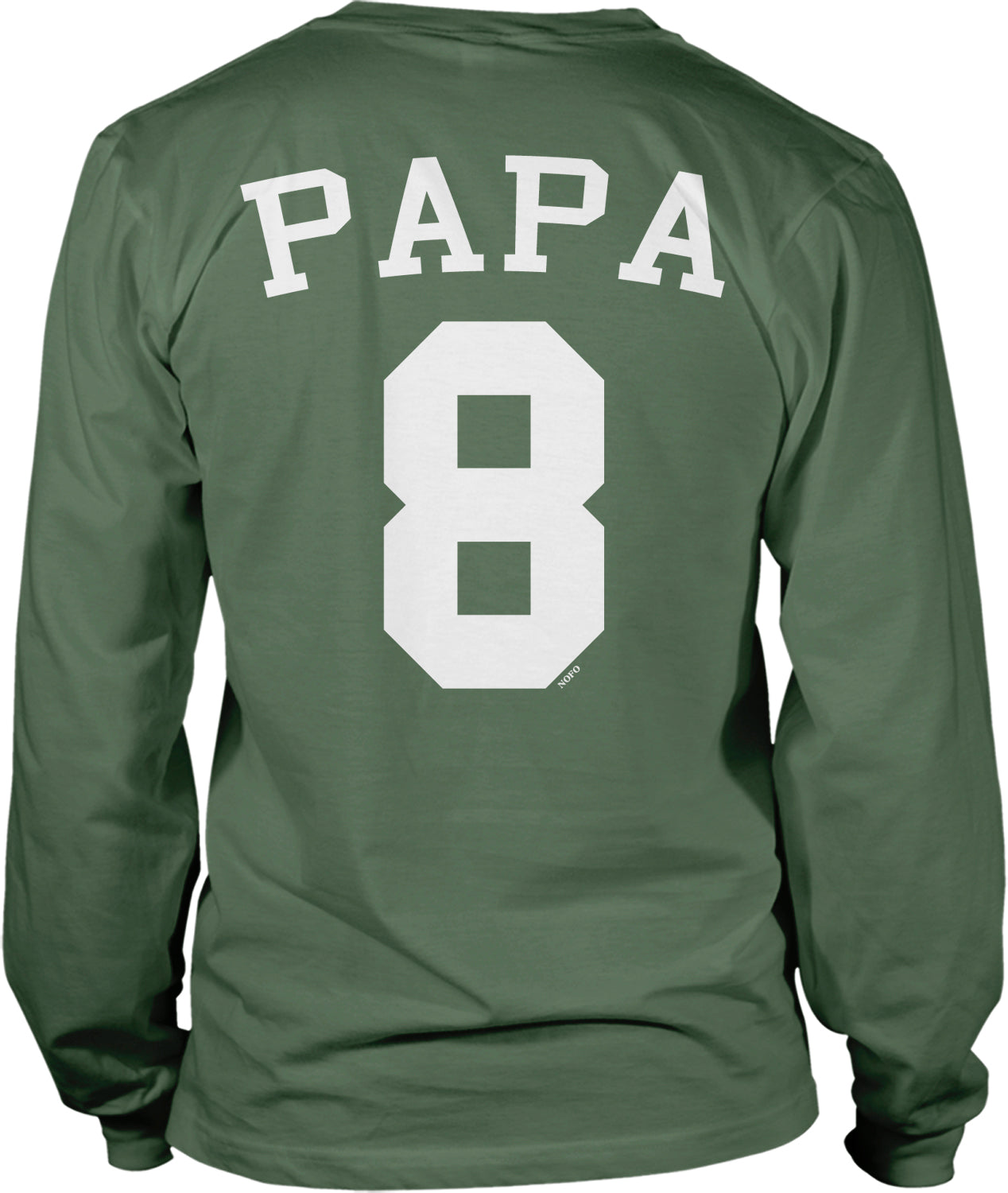 A green long-sleeved t-shirt with the name "Papa" and the number "8" printed on the back.