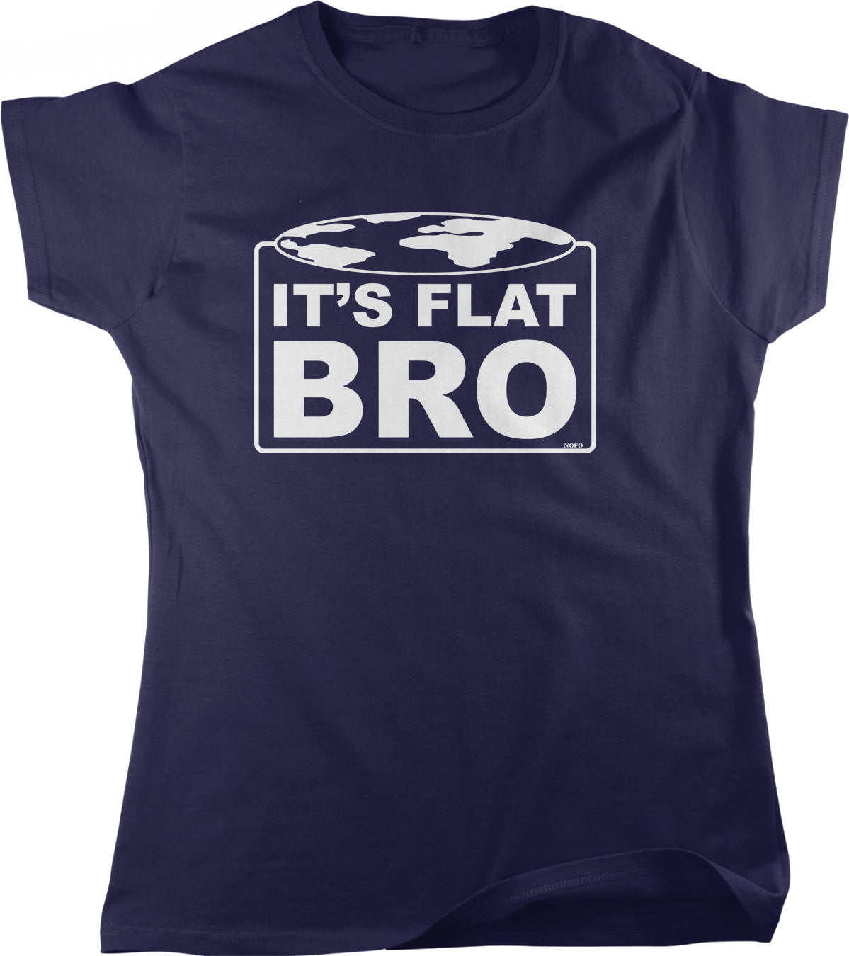 A navy blue t-shirt with a white graphic design that says "IT'S FLAT BRO" in bold letters.