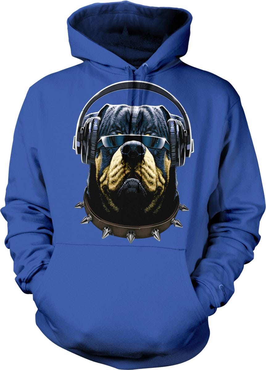 A blue hoodie with a graphic of a dog wearing headphones and a spiked collar.