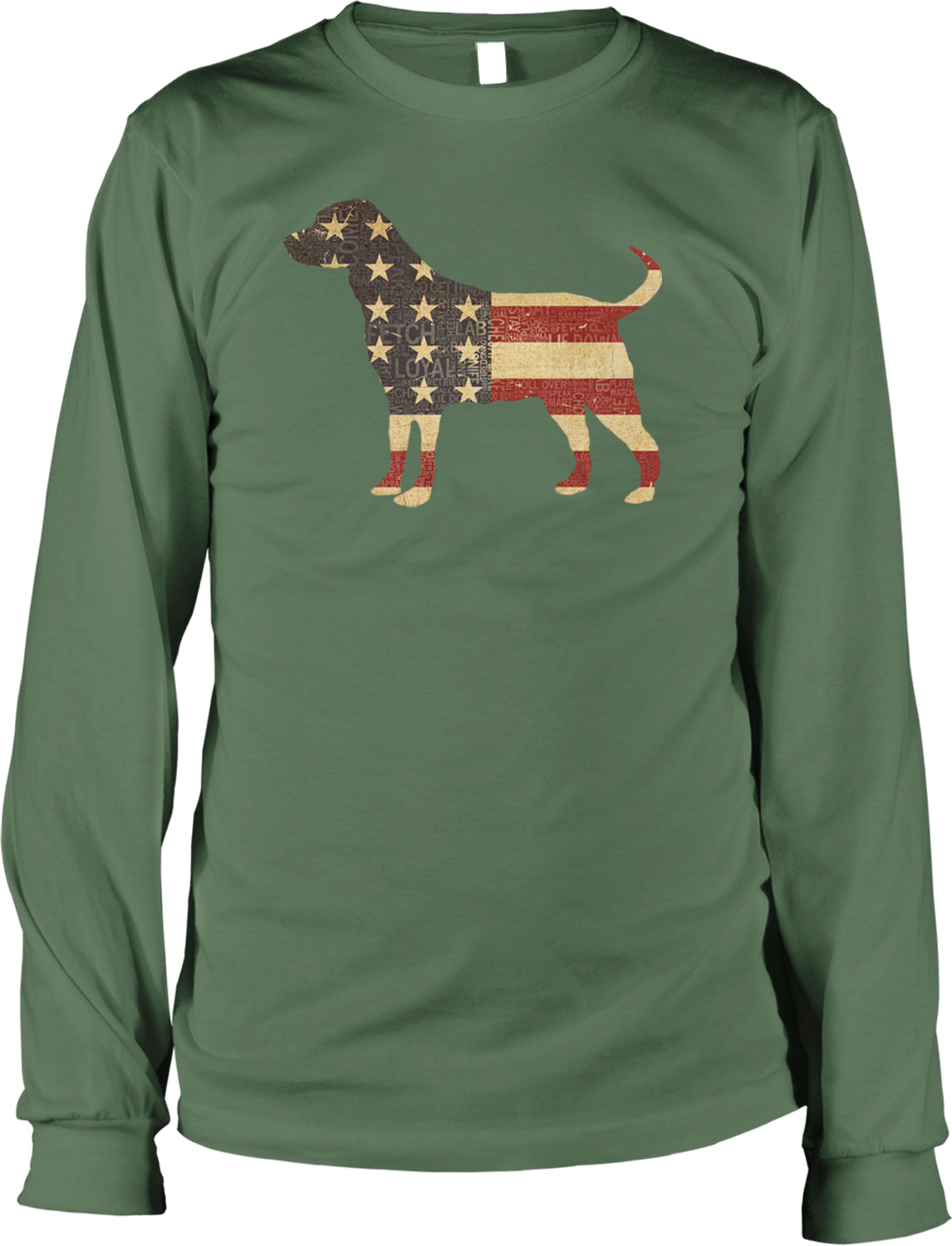 A green long-sleeved t-shirt with a graphic design depicting a dog in the shape of the American flag.