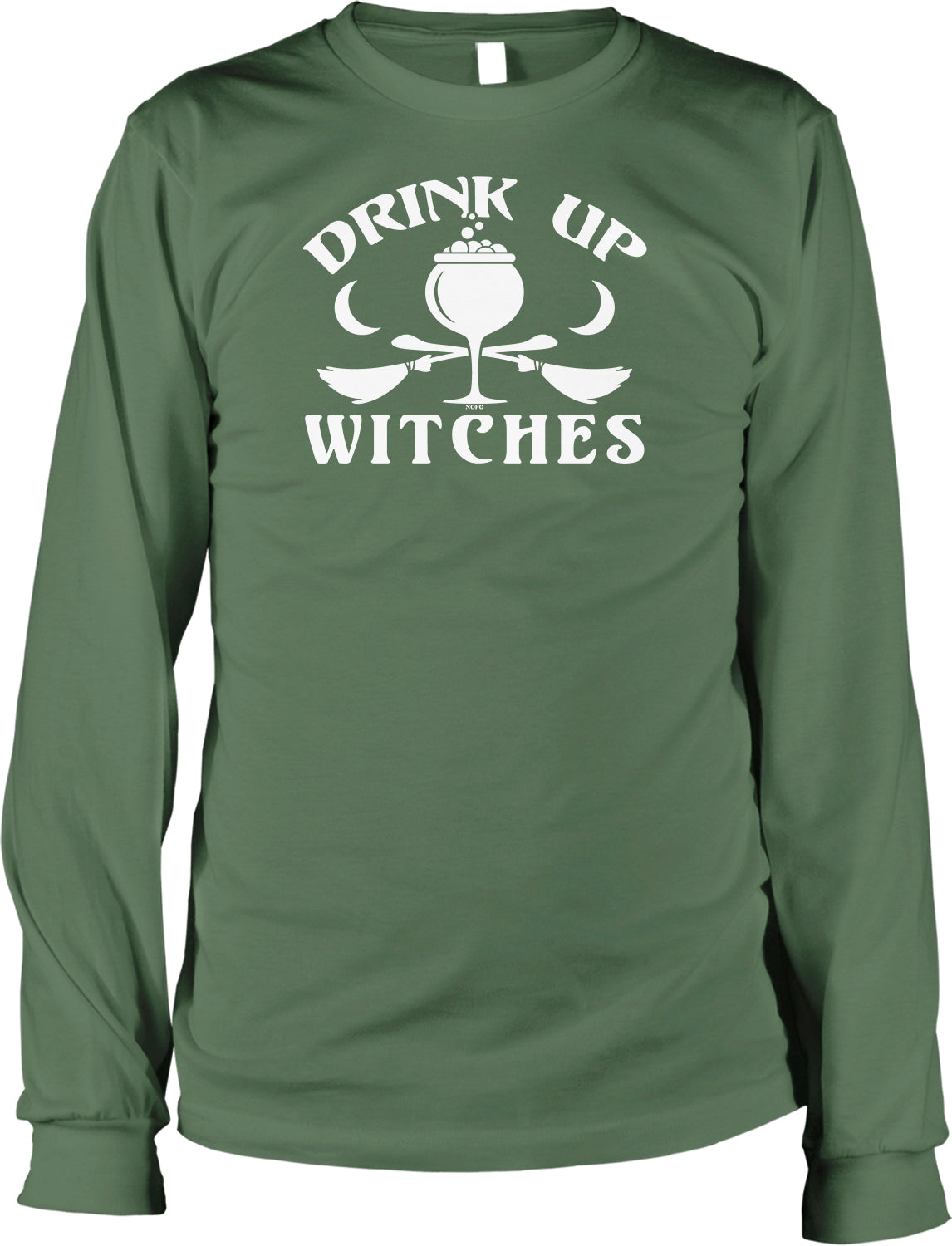 A green long-sleeved t-shirt with the text "DRINK UP WITCHES" printed on it.