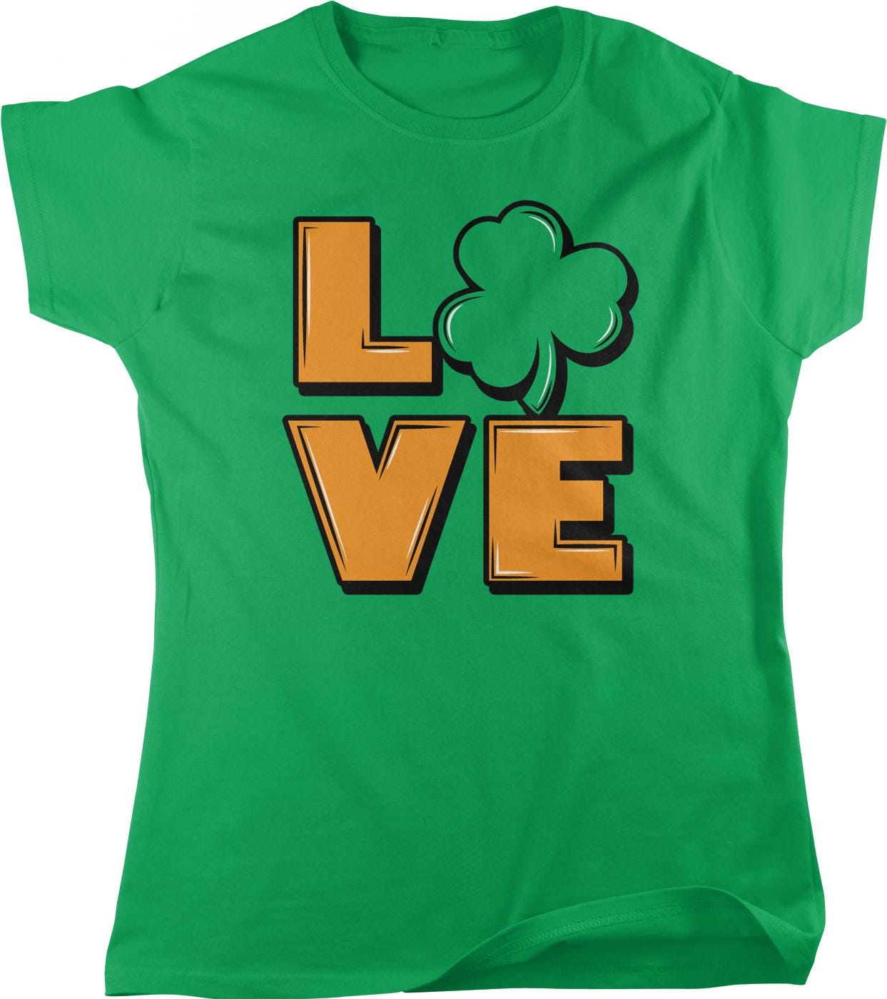 A green t-shirt with the word "LOVE" printed on it, along with a cloverleaf symbol.