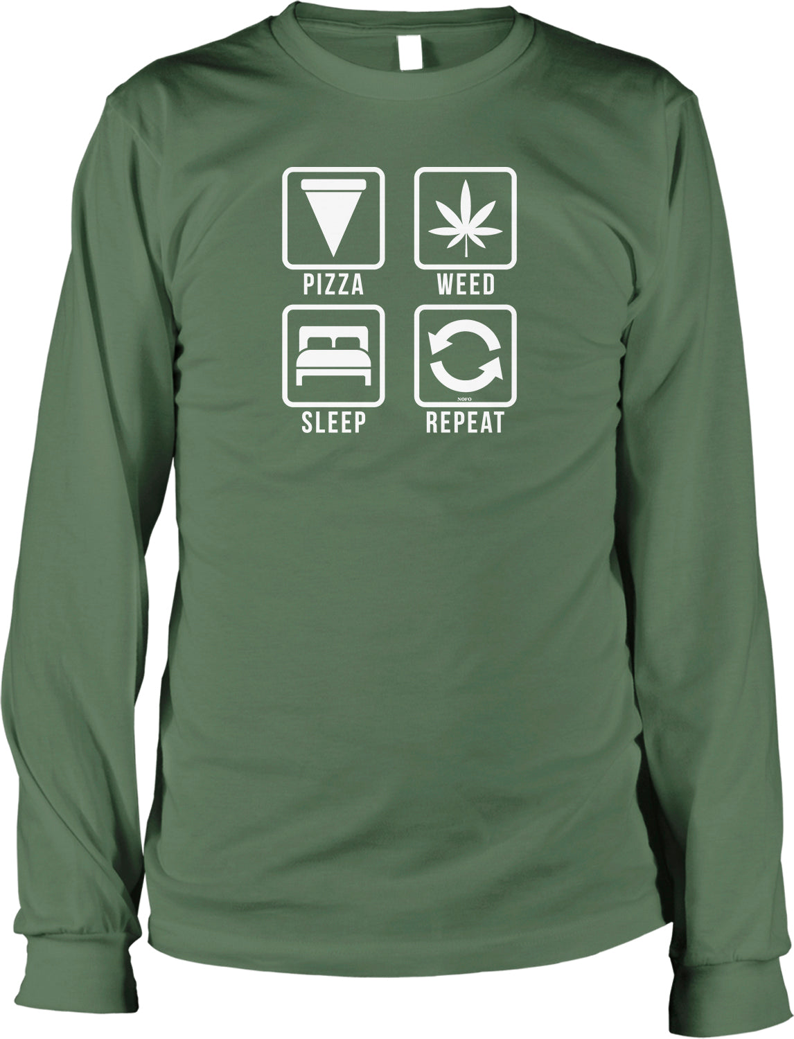 A green long-sleeved t-shirt with four white icons arranged in a square pattern, each representing a different activity: pizza, weed, sleep, and repeat.