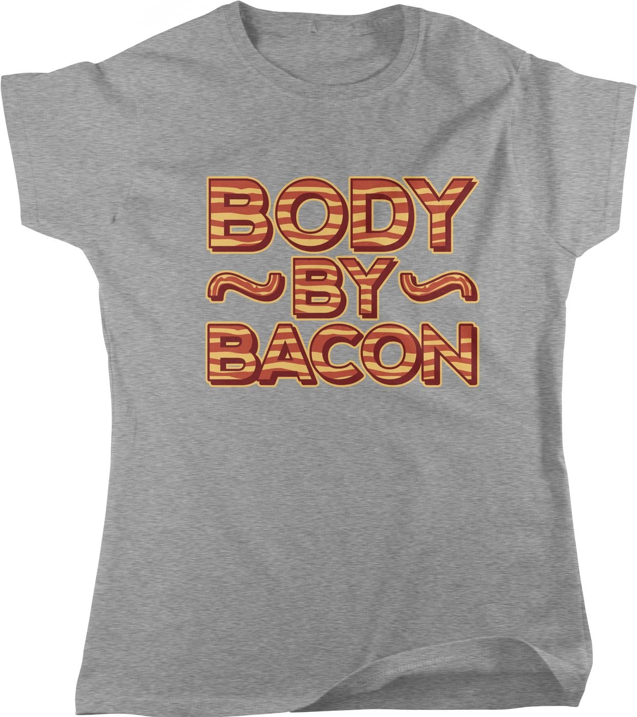 A gray t-shirt with the text "BODY BY BACON" printed on it in a bold, stylized font.