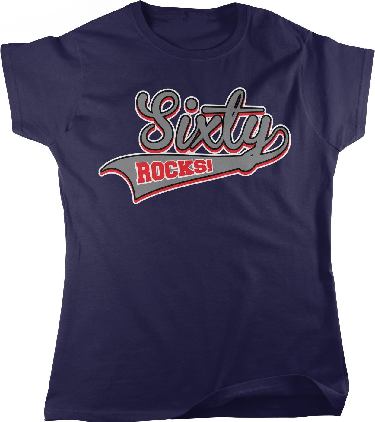 A navy blue t-shirt with a graphic design featuring the text "Sixty Rocks!" in a stylized font.