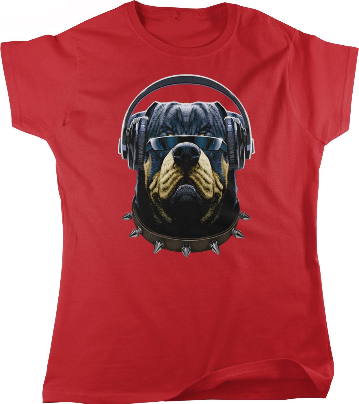 A red t-shirt with a graphic design of a dog wearing headphones and a spiked collar.