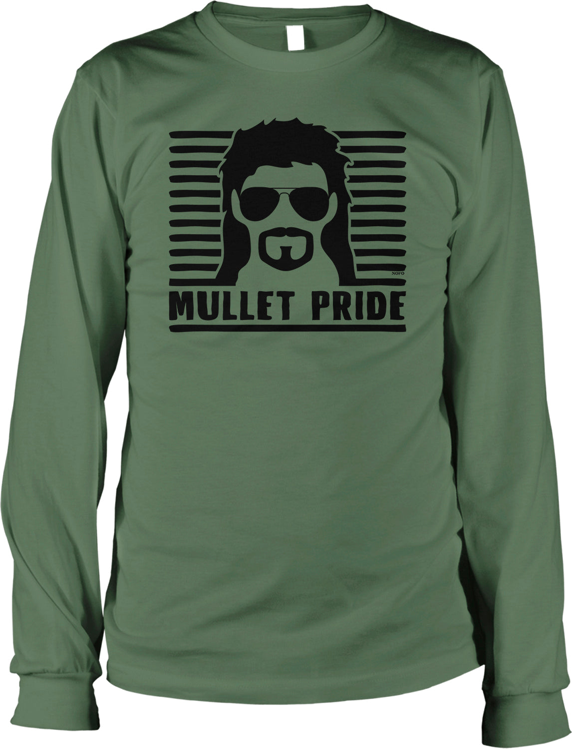 A green long-sleeved t-shirt with a graphic design featuring a stylized male figure wearing sunglasses and a beard, along with the text "Mullet Pride".