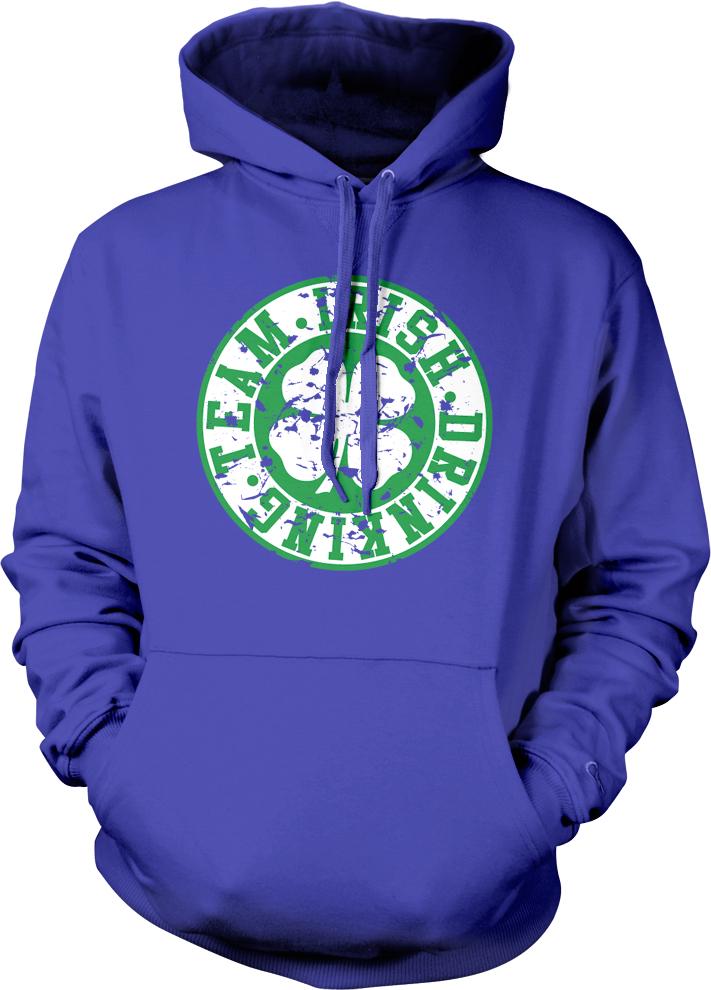 A purple hoodie with a green and white circular logo that says "TEAM IRISH DRINK" on it.