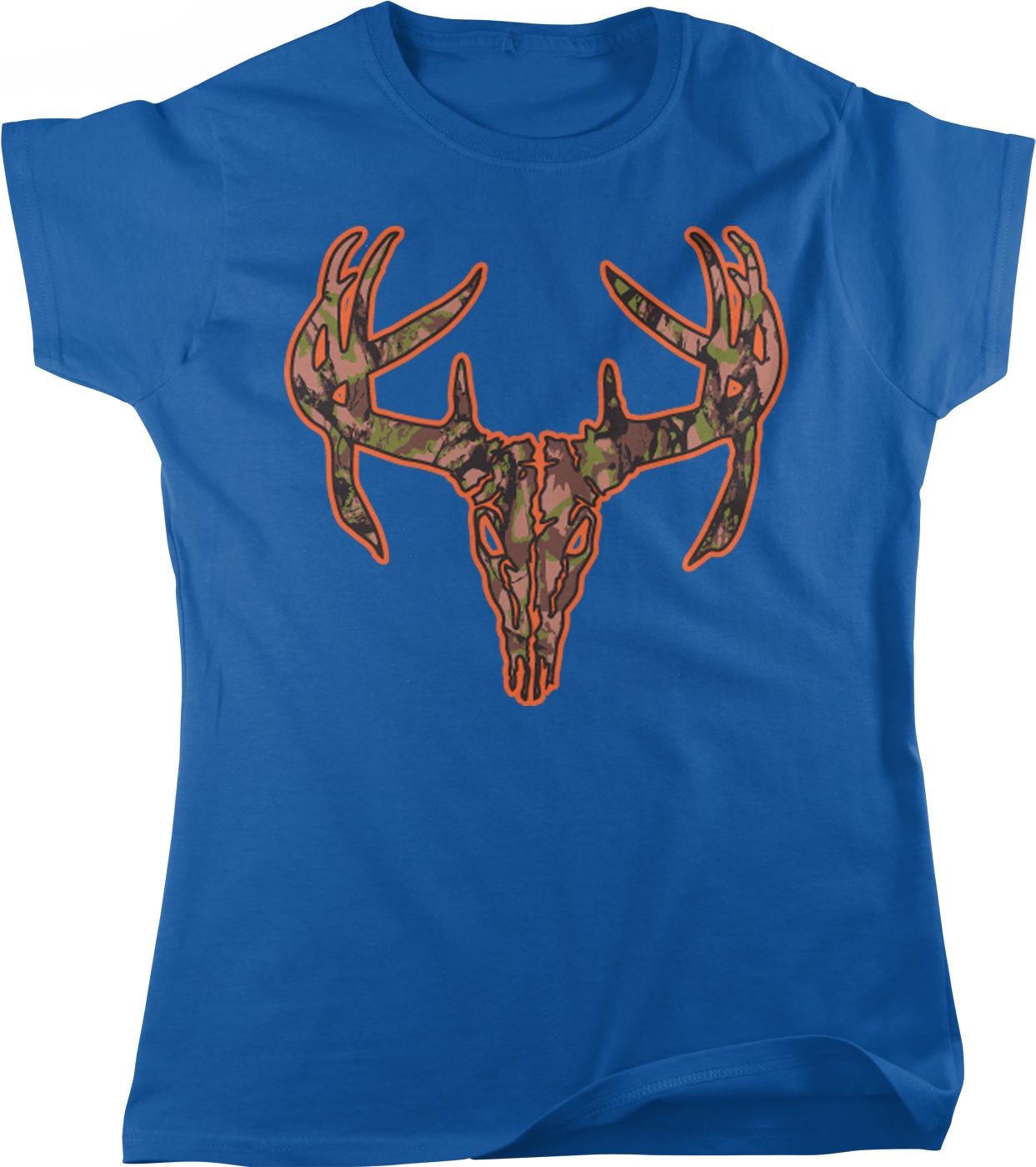 A blue t-shirt with a camouflage deer skull design printed on it.