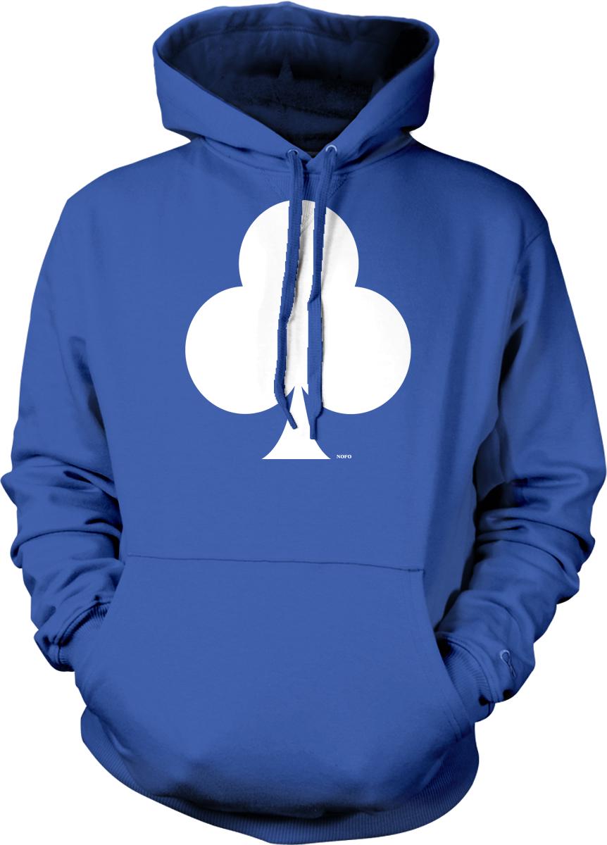 A blue hoodie with a white graphic of a three-leaf clover on the front.