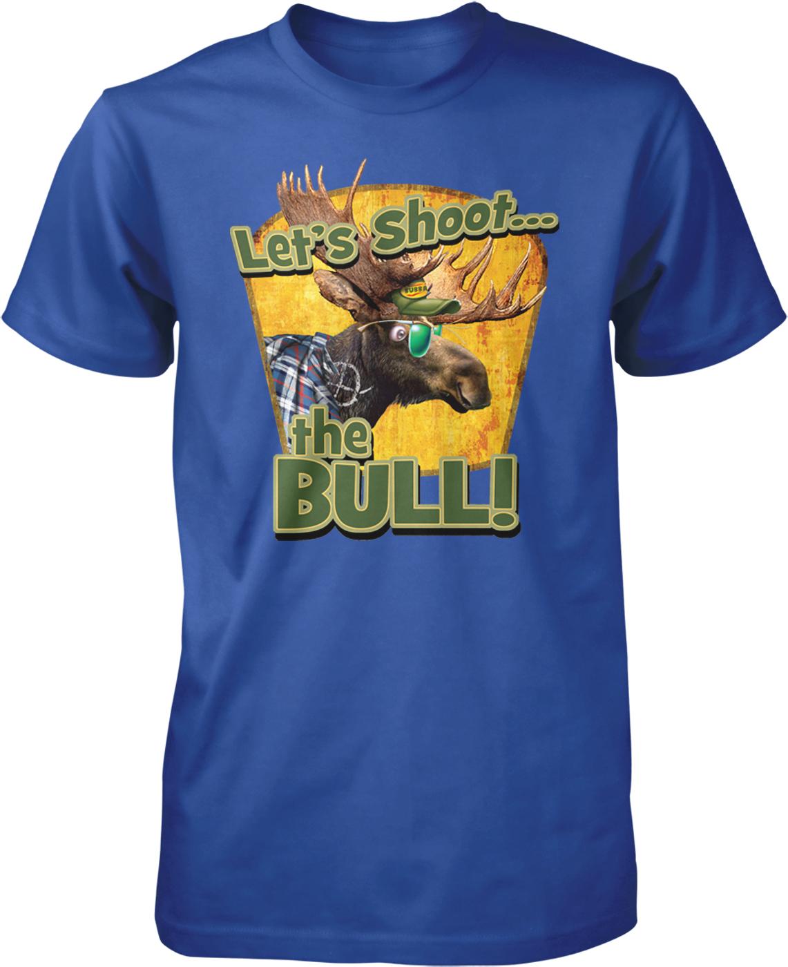 A blue t-shirt with a graphic design featuring a moose wearing sunglasses and the text "Let's Shoot the Bull!"