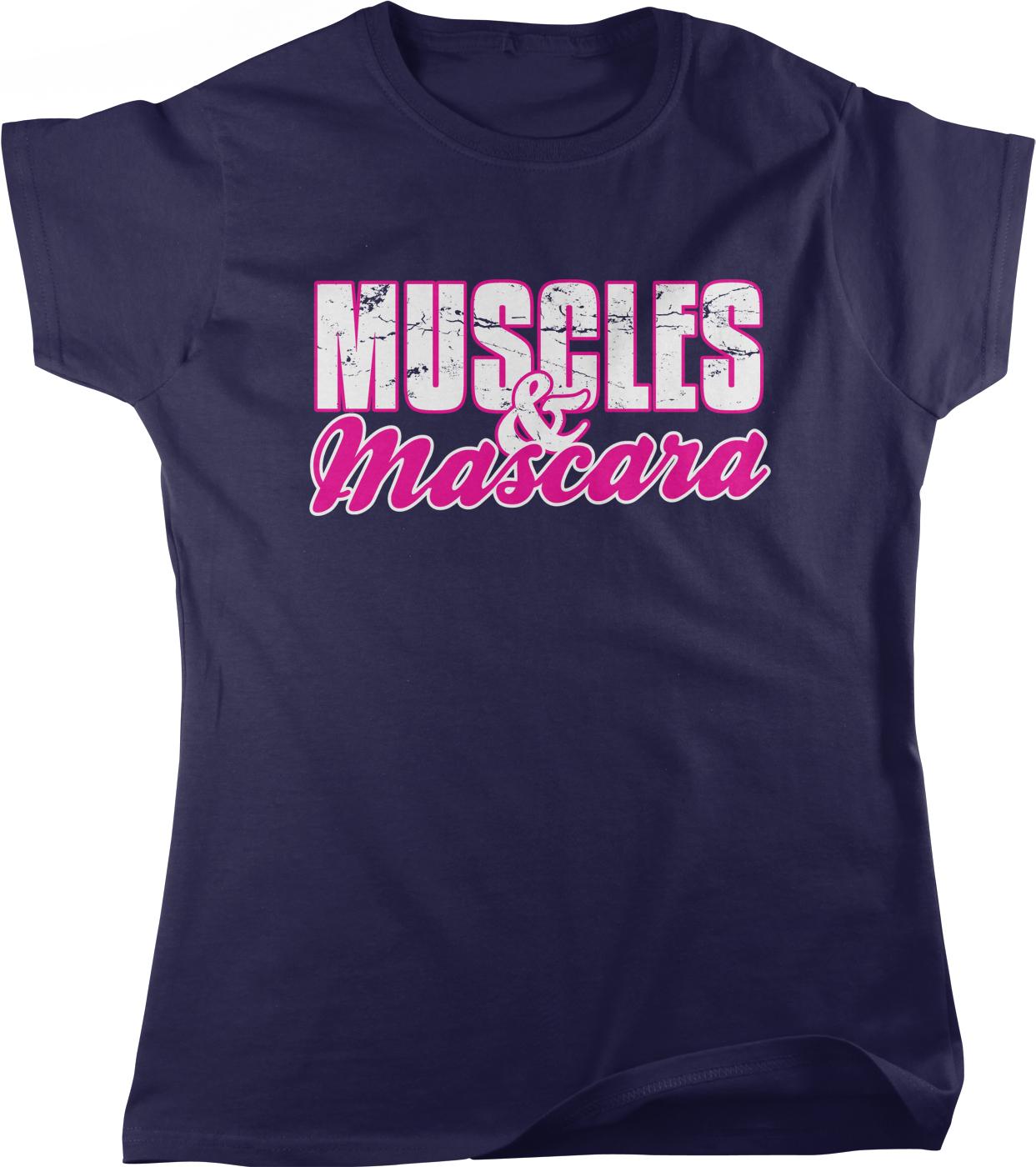 A navy blue t-shirt with the text "MUSCLES & MASCARA" printed on it in pink and white lettering.