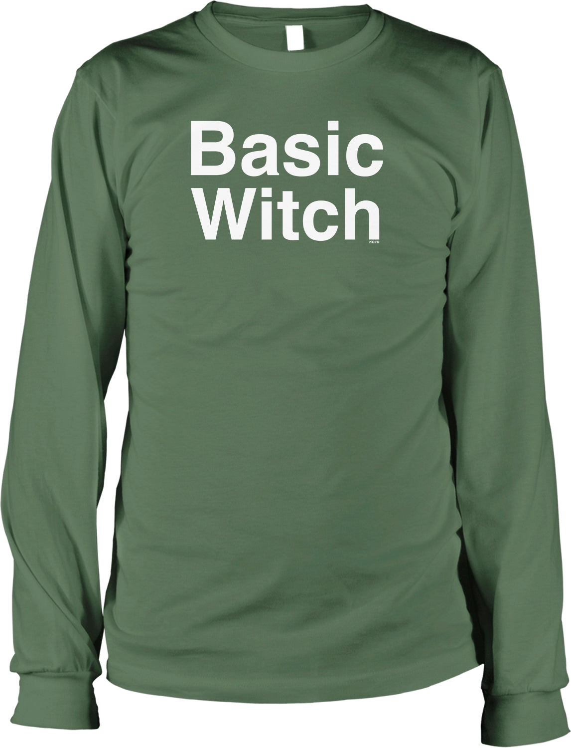 A green long-sleeved t-shirt with the text "Basic Witch" printed on it in white.