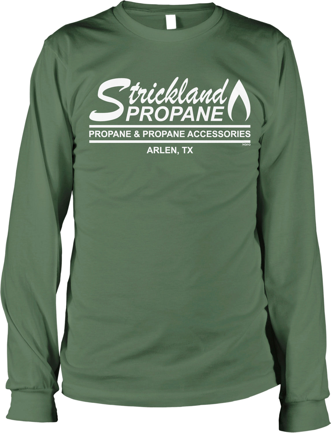A green long-sleeved t-shirt with white text printed on it.