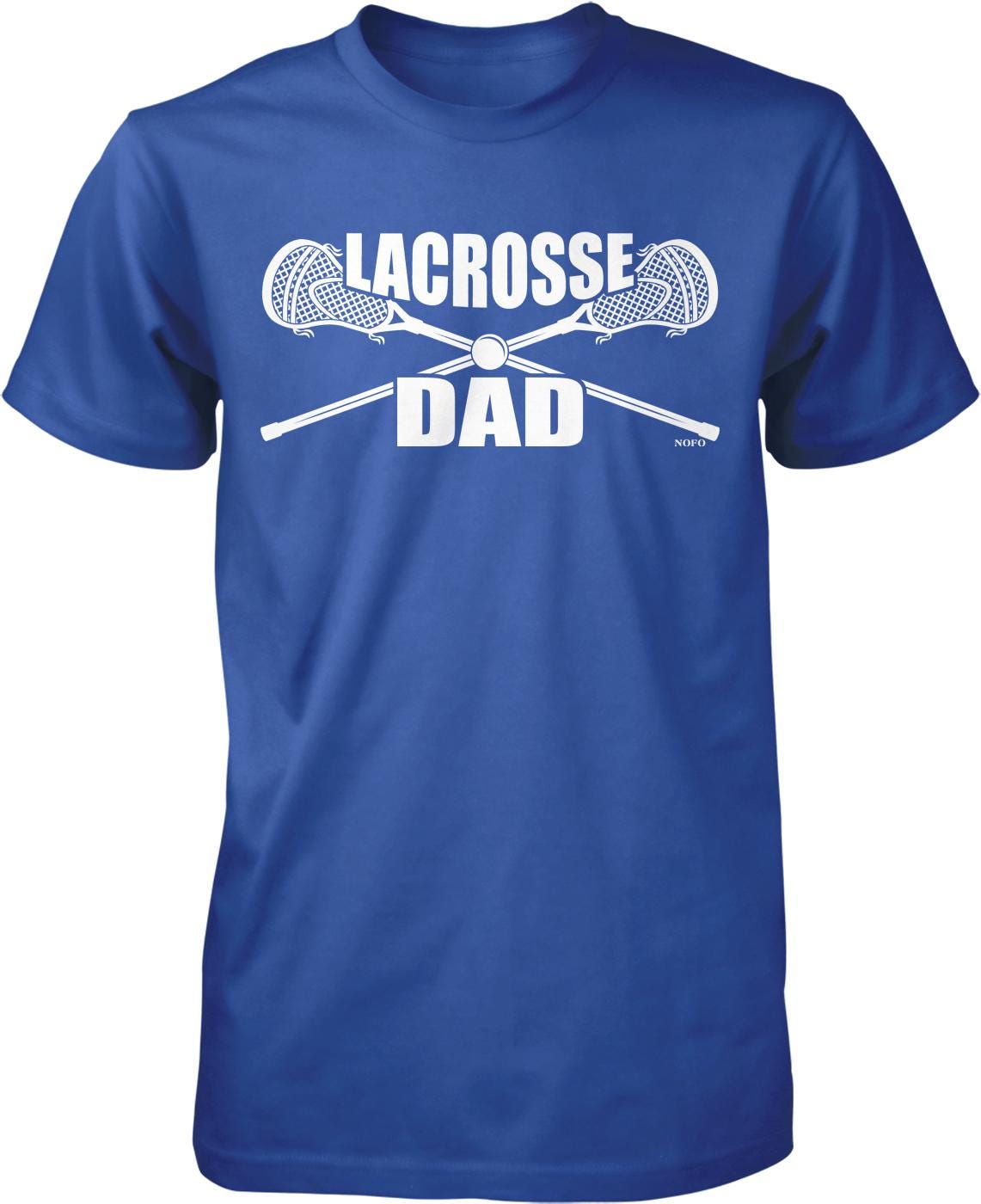 A blue t-shirt with the text "LACROSSE DAD" printed on it, along with a graphic of a lacrosse stick crossed over a lacrosse net.