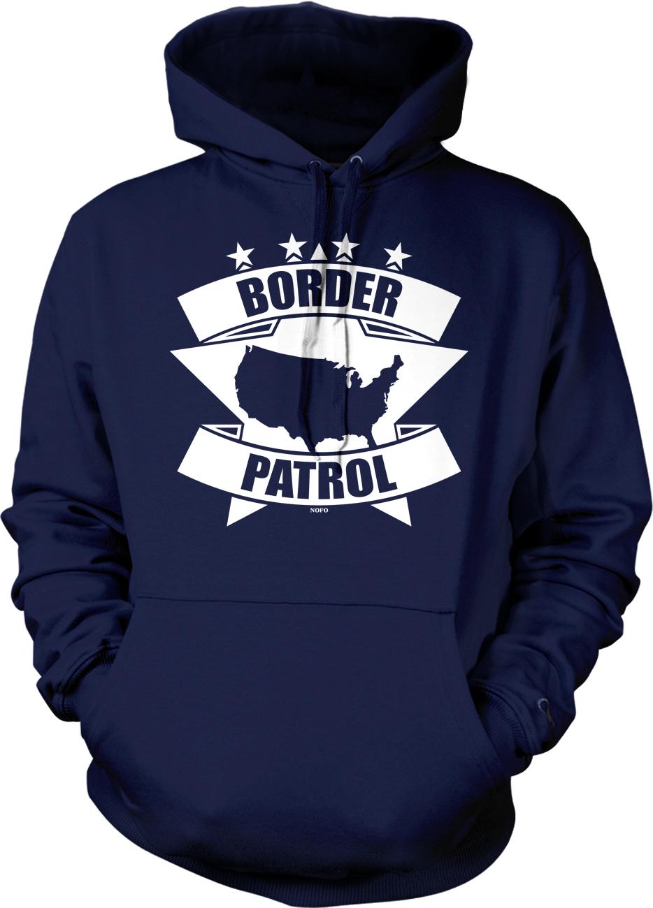 A navy blue hoodie with a graphic design featuring a map of the United States and the text "BORDER PATROL" printed on it.