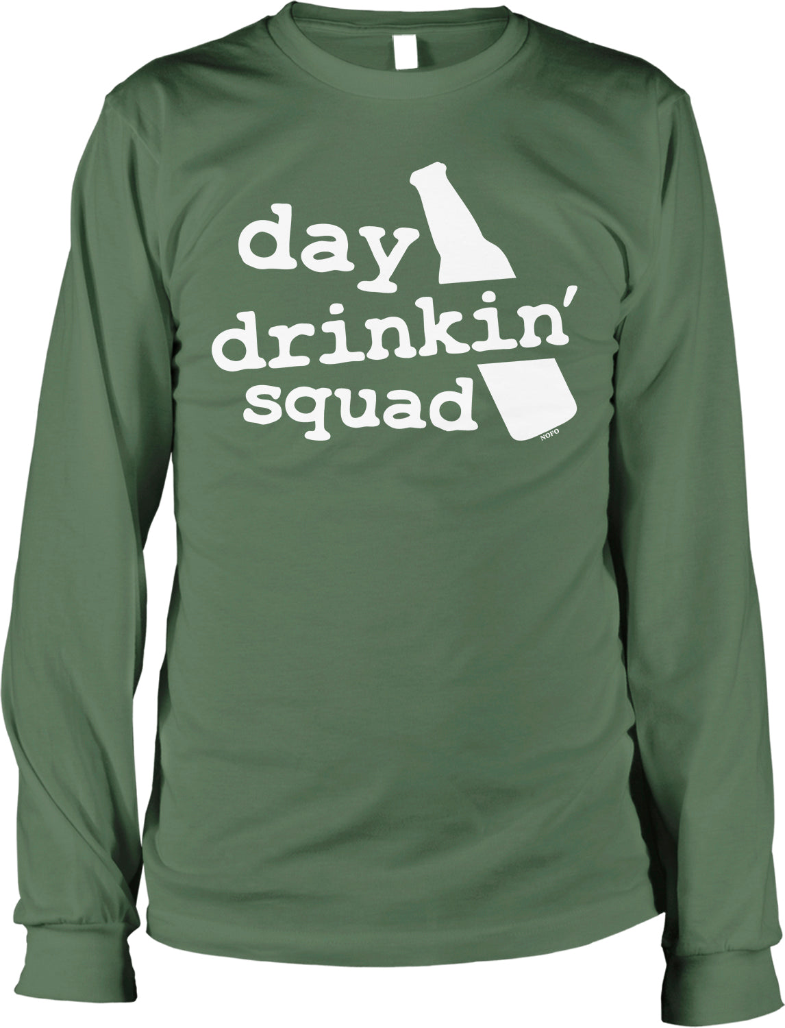 A green long-sleeved t-shirt with the text "day drinkin' squad" printed on it.