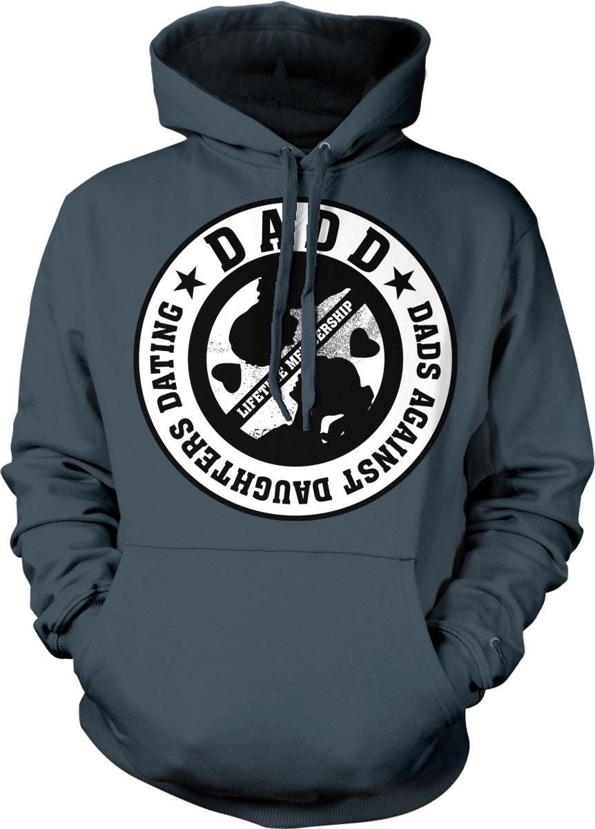 A gray hoodie with a circular logo that says "DAD" surrounded by stars and text.