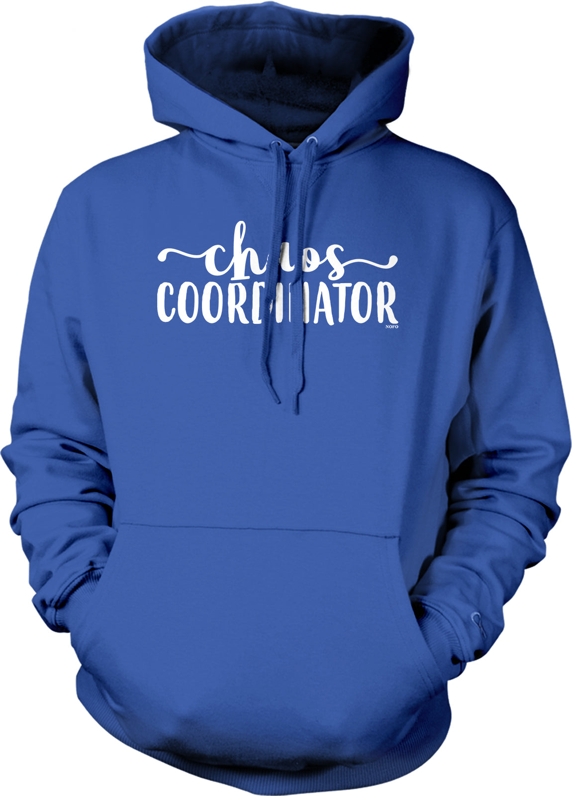 A blue hoodie with the text "chaos COORENTATOR" printed on it.
