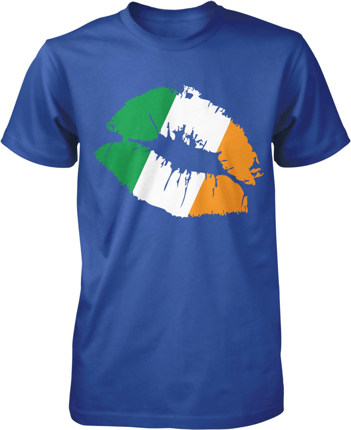 A blue t-shirt with a graphic design depicting a kiss mark in the colors of the Irish flag.