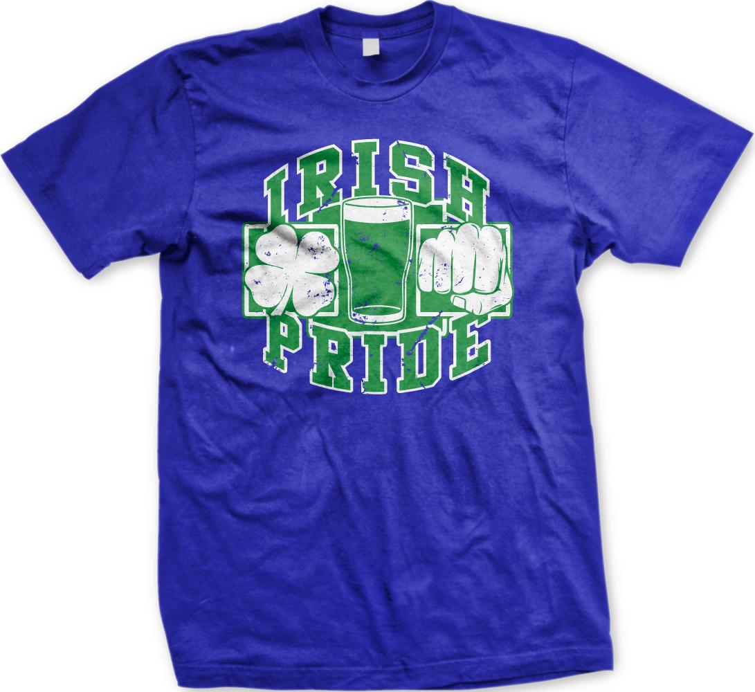 A blue t-shirt with a graphic design featuring a cloverleaf, a glass of beer, and the text "IRISH PRIDE" in green and white.