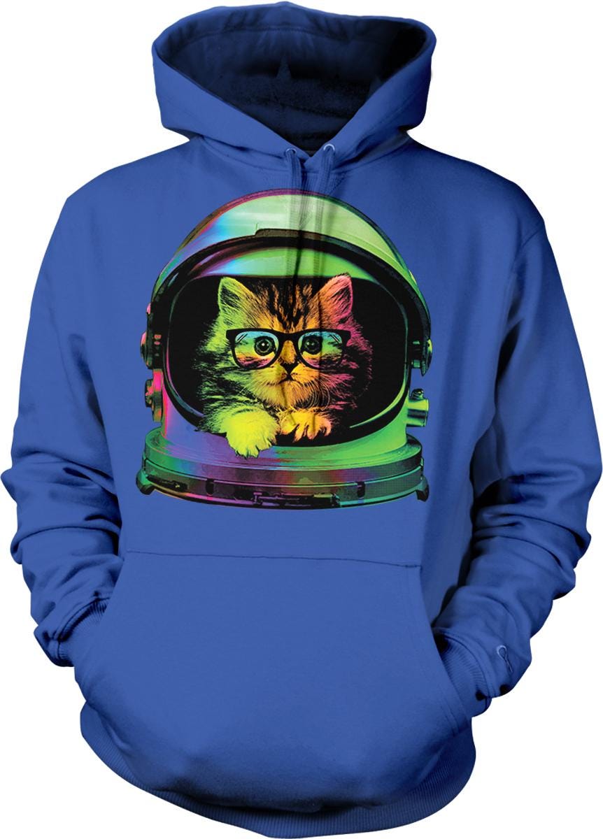 A blue hoodie with a colorful graphic of a cat wearing a green helmet and glasses.