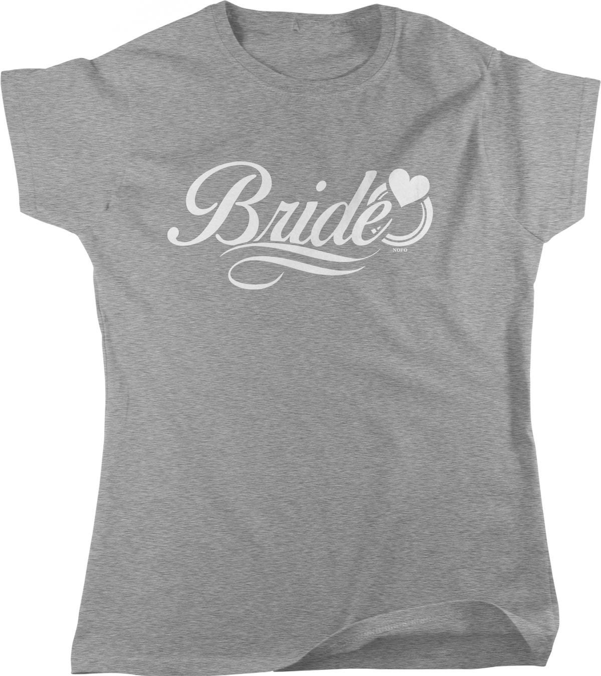 A gray t-shirt with the word "Bride" printed on it in a cursive font.