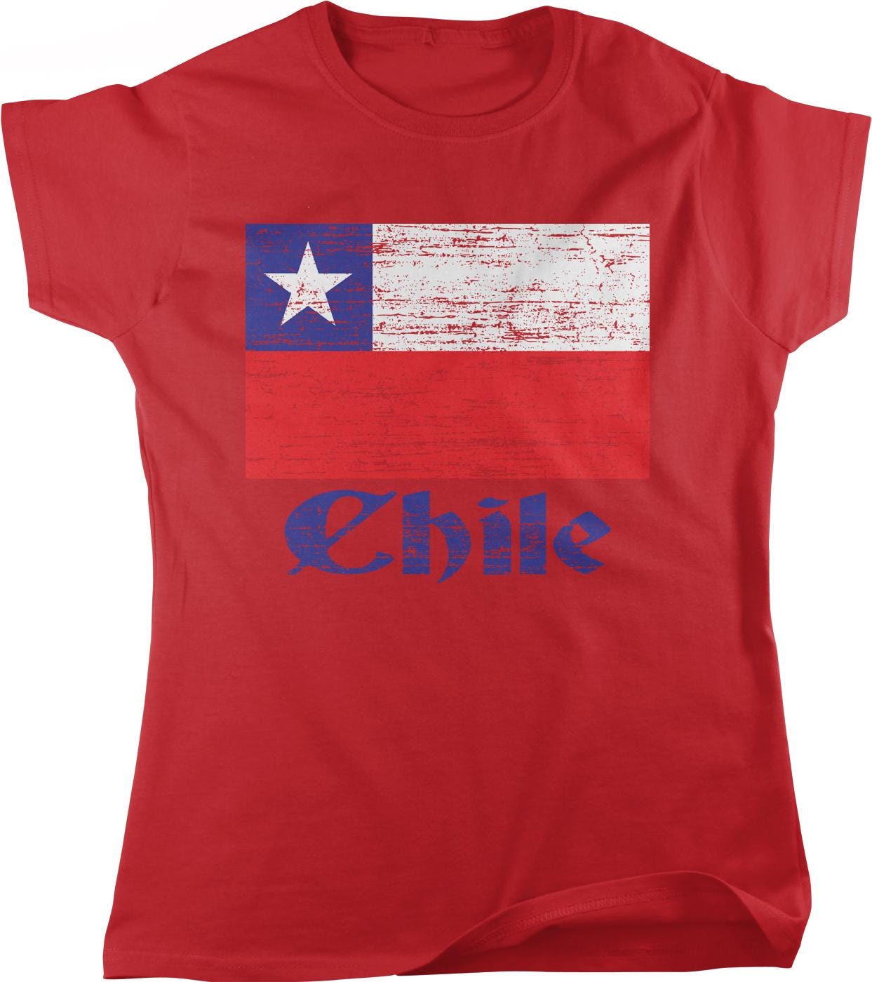 A red t-shirt with a graphic design featuring the flag of Chile and the word "Chile" written below it.
