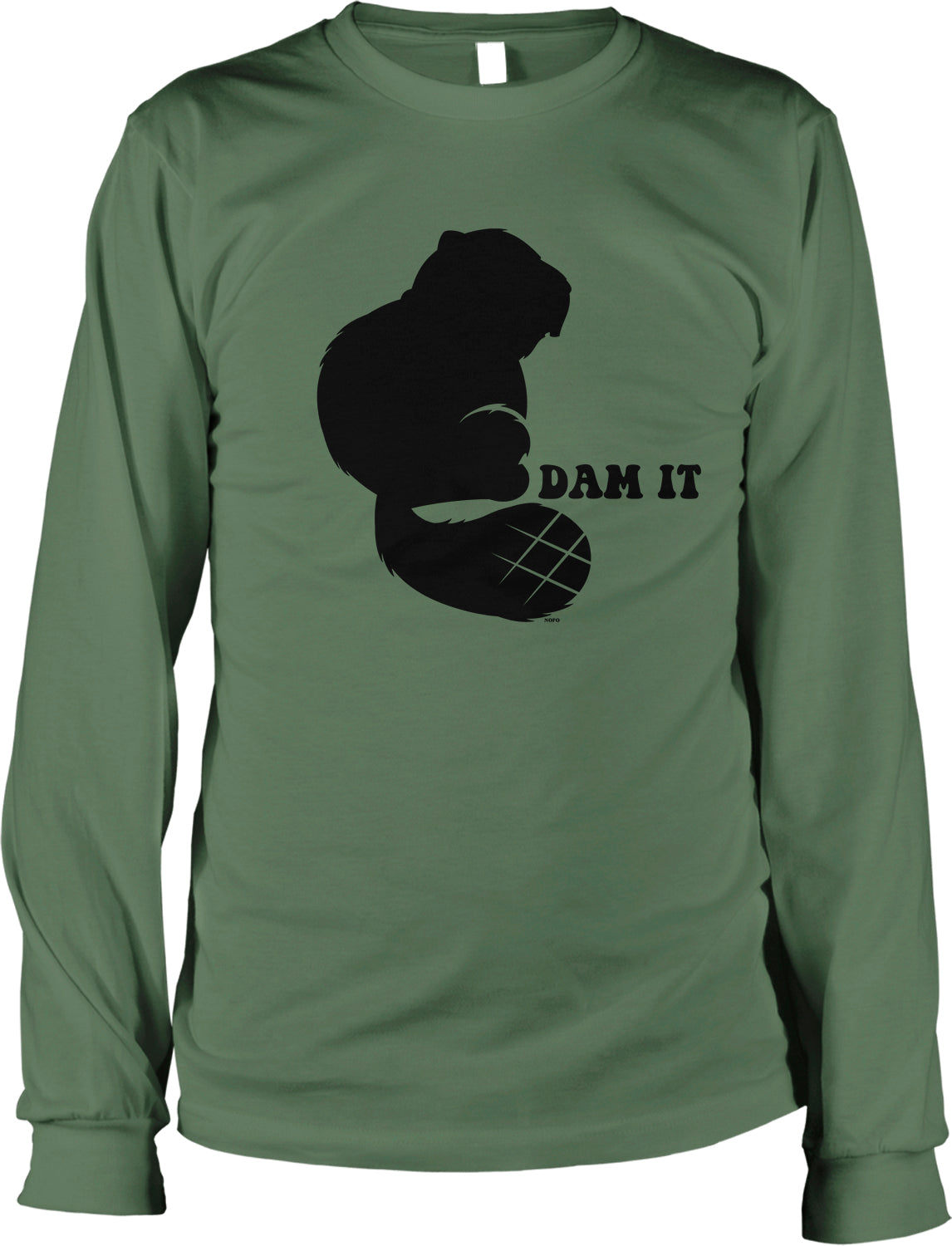 A green long-sleeved t-shirt with a black silhouette of a beaver and the text "DAM IT" printed on it.